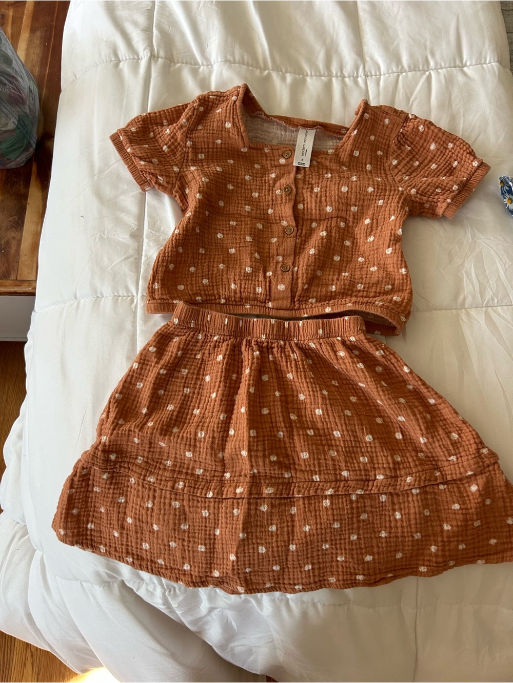 Kids Two-Piece Dot-Print Top & Skirt Set - Rust